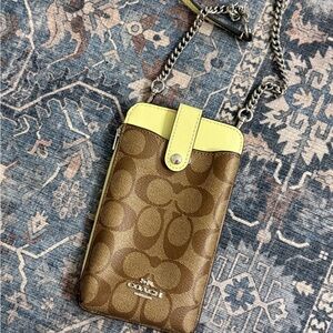 Coach Brown Signature Phone Crossbody with Pale Lime Trim